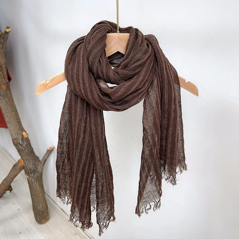MenWomen SpringSummer Cotton Linen Brown Versatile Striped Scarf 251027