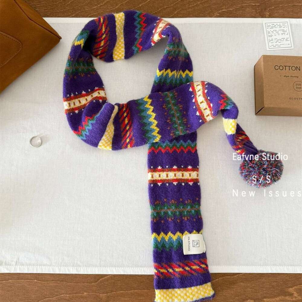 Vintage Dreamy Purple Retro Striped Pom-Pom Scarf Short Autumn Winter Warm Neck Warmer for Women Jacquard
