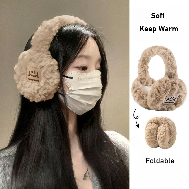 Winter Out Womens Soft Cold Wind Cartoon Smiley Face Warm Ear Muffs Milan Mink Velvet Girls Versatile Plush Ear Muffs Foldable 251027
