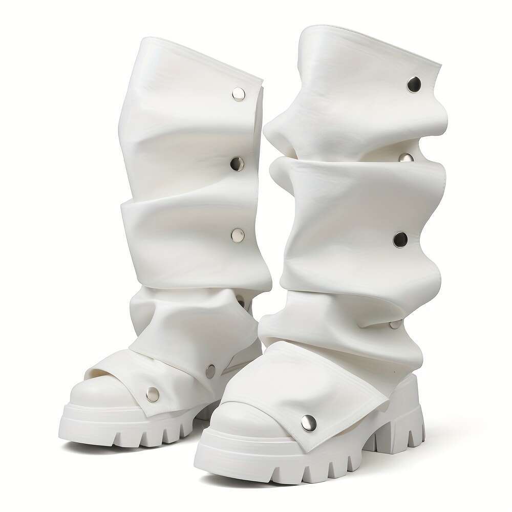 Chic Women's Fold Over Round Toe Chunky Heels Pleated Pull On New Year Holiday Wide Calf Short Booties