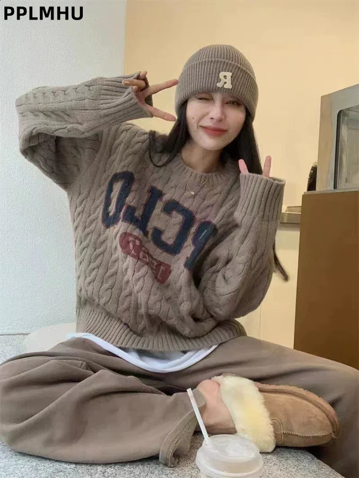 Vintage Fashion Pullover Sweater Long Sleeved Letter Patchwork Baggy Knitted Top Womens Casual ONeck Loose Soft Jumpers 251027