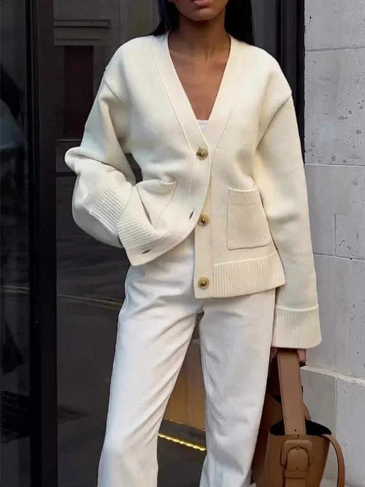 Autumn Womens Cropped Cardigans Vneck Knitted Sweater Coat Long Sleeve With Pocket Casual Streetwear 2025 Outwear Fashion 251027