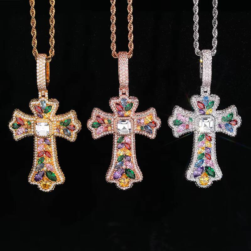 Best Selling Iced Out Hip Hop Jewelry Pendants Men Women Iced Out Cross Charm Pendant Necklace Colored Diamonds Brass Zircon
