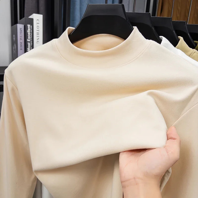 Mens Casual Solid Color High Collar Velvet Long Sleeve Tshirt Spring and Autumn Versatile Comfortable Top 251027