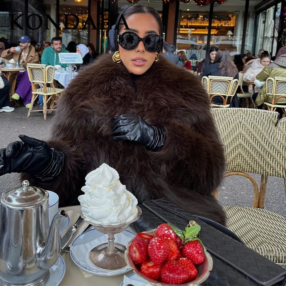 KONDALA 2025 Fall Winter Casual Faux Fur Brown Women Warm Jackets Streetwear Turn Down Collar Christmas Oversized Elegant Coats 251029
