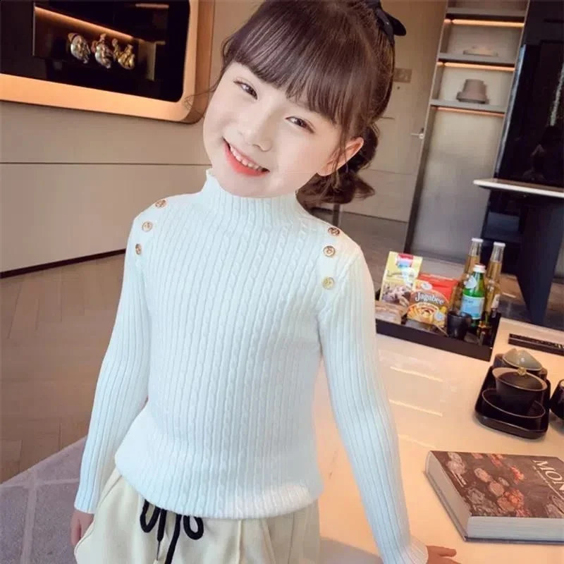 Girls Sweater Winter Decorative Buttons High Neck Solid Color Bottom Shirt Multicolour Children High Elasticity Knit Pullover 251027