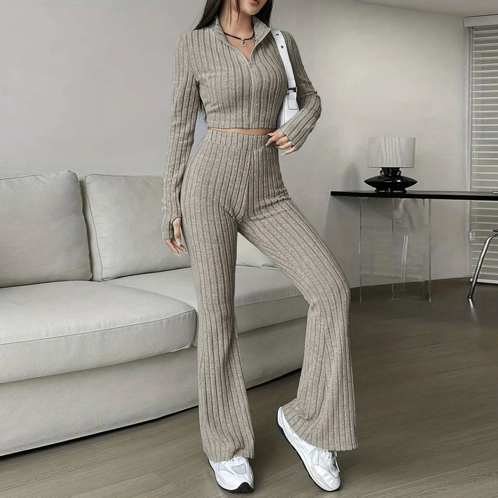 Fashion Solid Color Ribbed Twopiece Zipper Long Sleeved Short Top and High Waisted Flared Pants Set for Womens Casual Wear 251027
