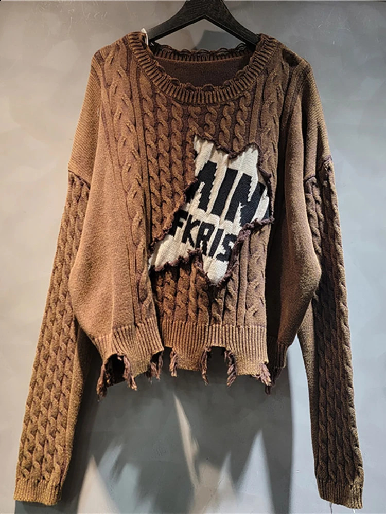 DEAT Womens Sweater Loose Patchwork Letters Distressed Long Sleeve Knitted Tassel Pullover Summer 2025 Fashion 29L8324 251027