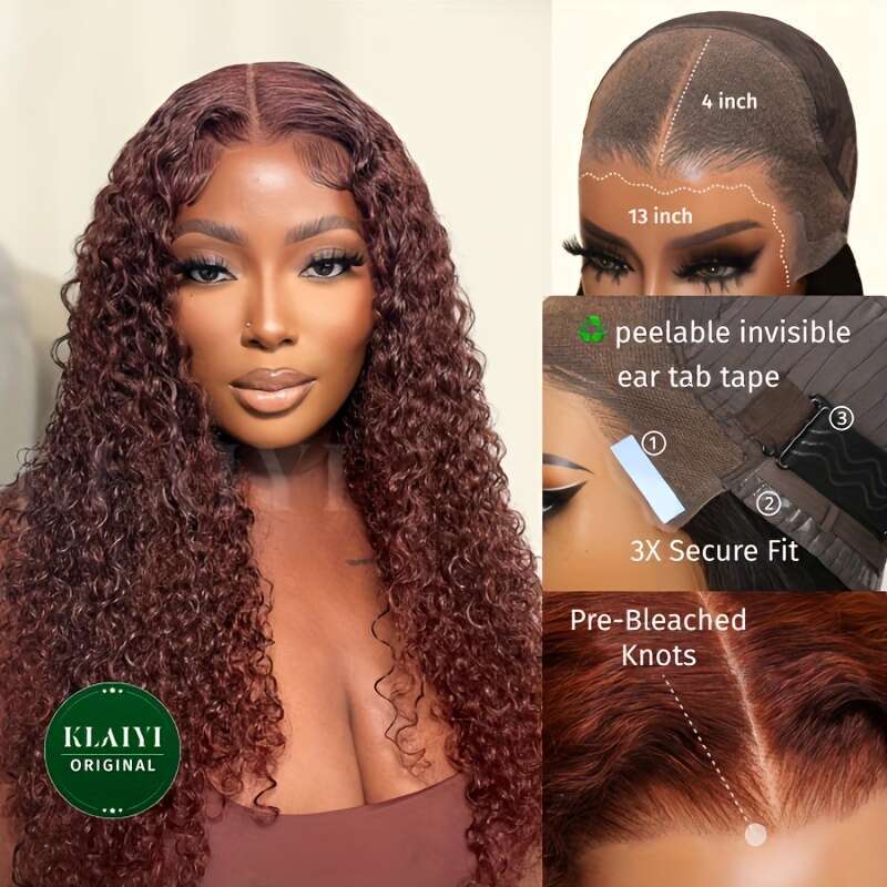 KLAIYI Reddish Brown 33B Jerry Curly 13X4 HD Lace Front - Glueless Pre-Plucked With Baby & Bleached Knots, 150% Density Brazilian Human Hair Wig For W