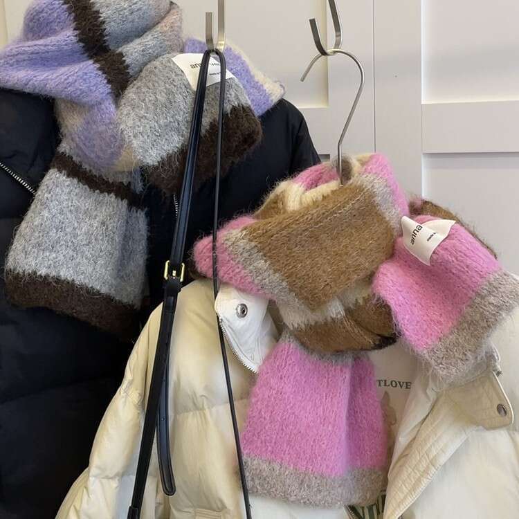 Mohair Scarf Peach Pink Striped Color Block Thickened Warm Autumn Winter Korean New Style Student Unisex