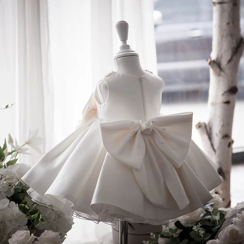 ToddlerWhite Wedding Satin Princess Baby GirDress Bow1Year Birthday Evening Party 251023