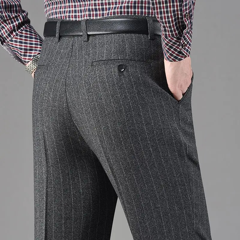 Vintage Autumn Winter Thicken Wool Fleece Suit Pants Men Middle Age High Waist Straight Loose Business Casual Trousers 251027