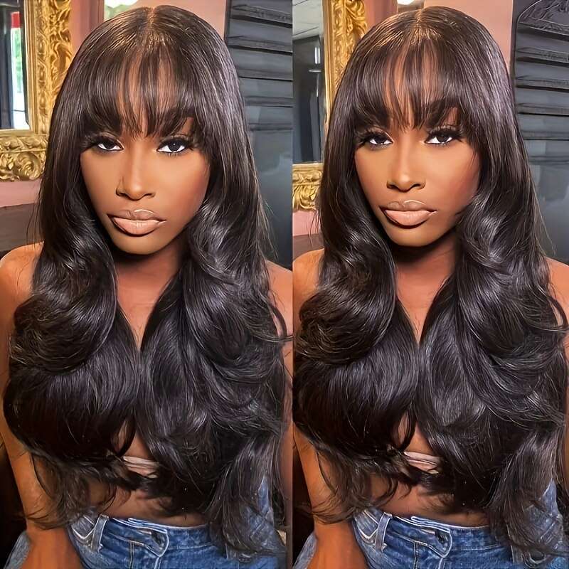 Glueless Shor Bob Wig Wih Bangs, Body Wave Human Brazilian Unprocessed Virgin Hair, Naural Color Non-Lace Fron -New Year, Birhday &Valenine&Apos;S Day