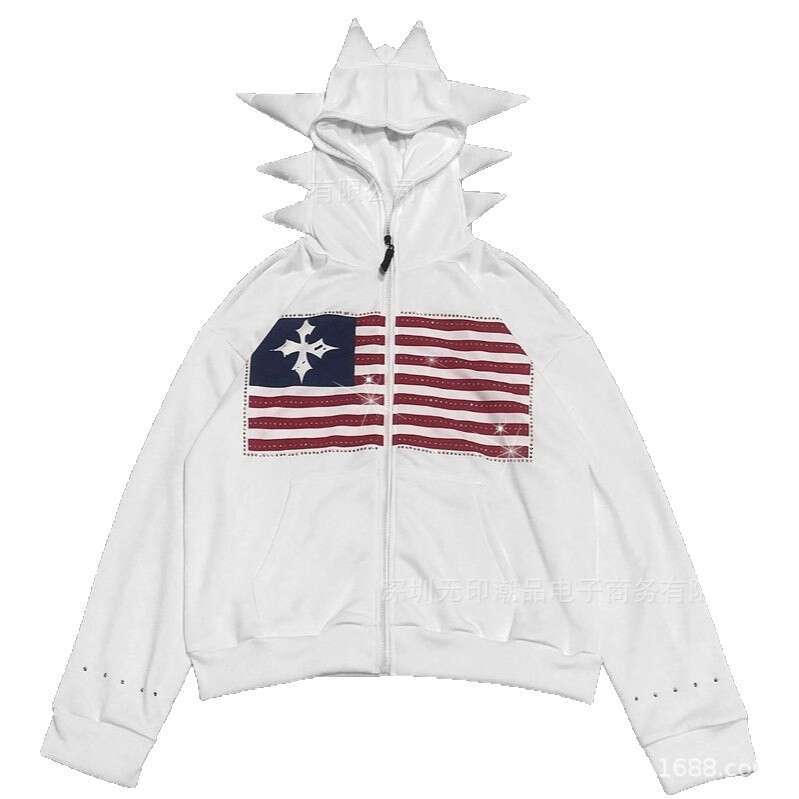 Parody Style Street Hip-Hop Quirky Unique Hoodie with Rhinestones Rivets Zipper Cardigan Sweatshirt for Autumn and Winter