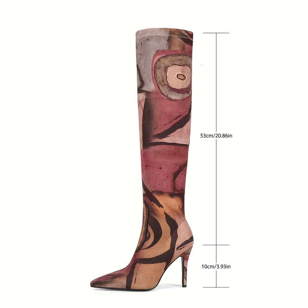 Elegant Over-The-Knee With Artistic Print, Pointed Toe, And Stiletto - Fabric & Faux Cover, Rubber Sole, Zip Closure For Women, High Heel Boots