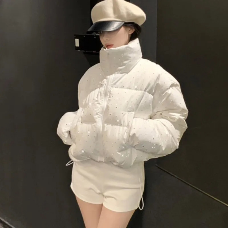 Women Autumn Winter Elegant Puffer Jacket Coats Chic Short Zipper Parkas Coat Korean Fashion Stand Collar Solid Outerwear 251015
