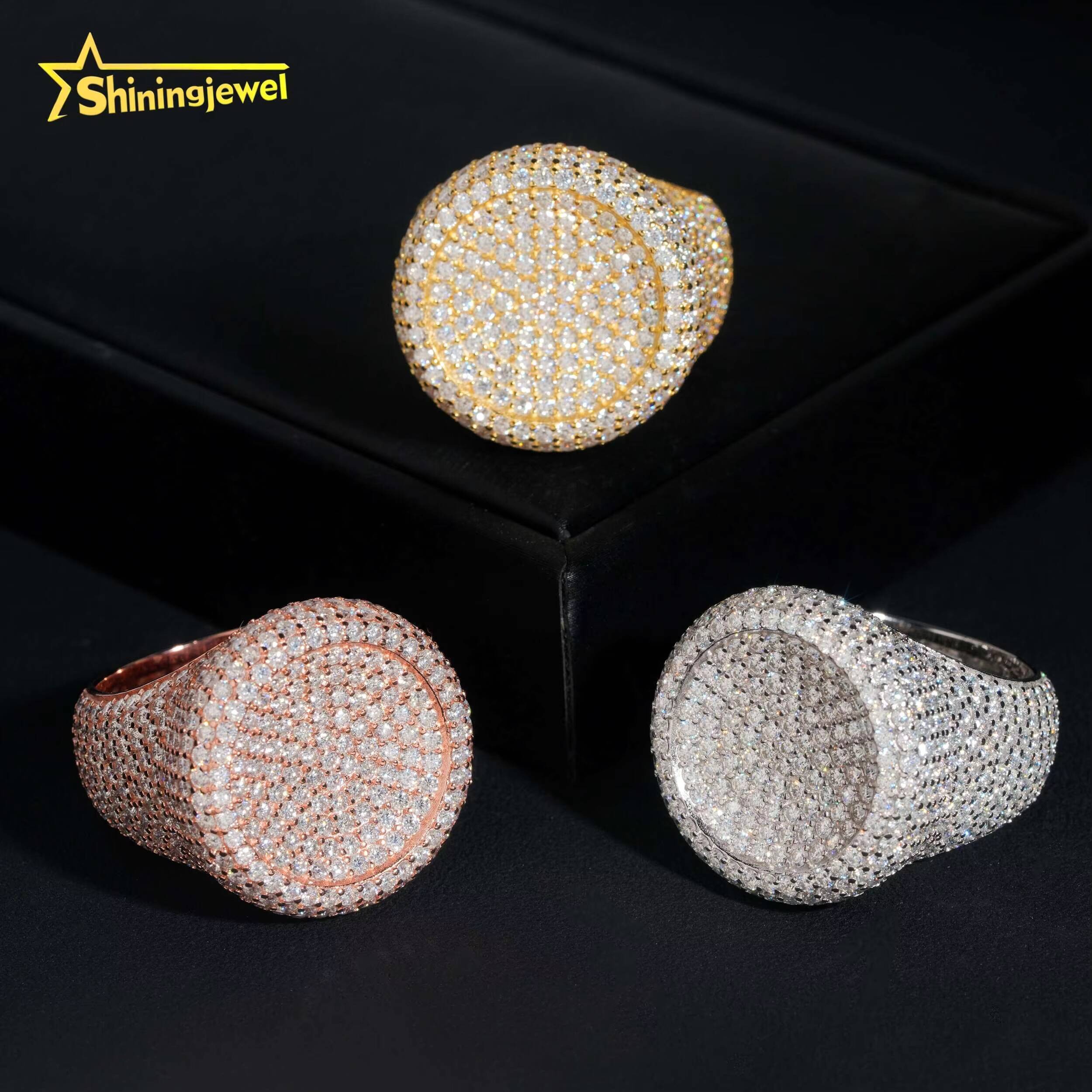 Hot Sale Round Shape Moissanite VVS Pass Diamond Test 925 Sliver Gold Plated Mens Moissanite Diamond Hip Hop Iced Out Rings