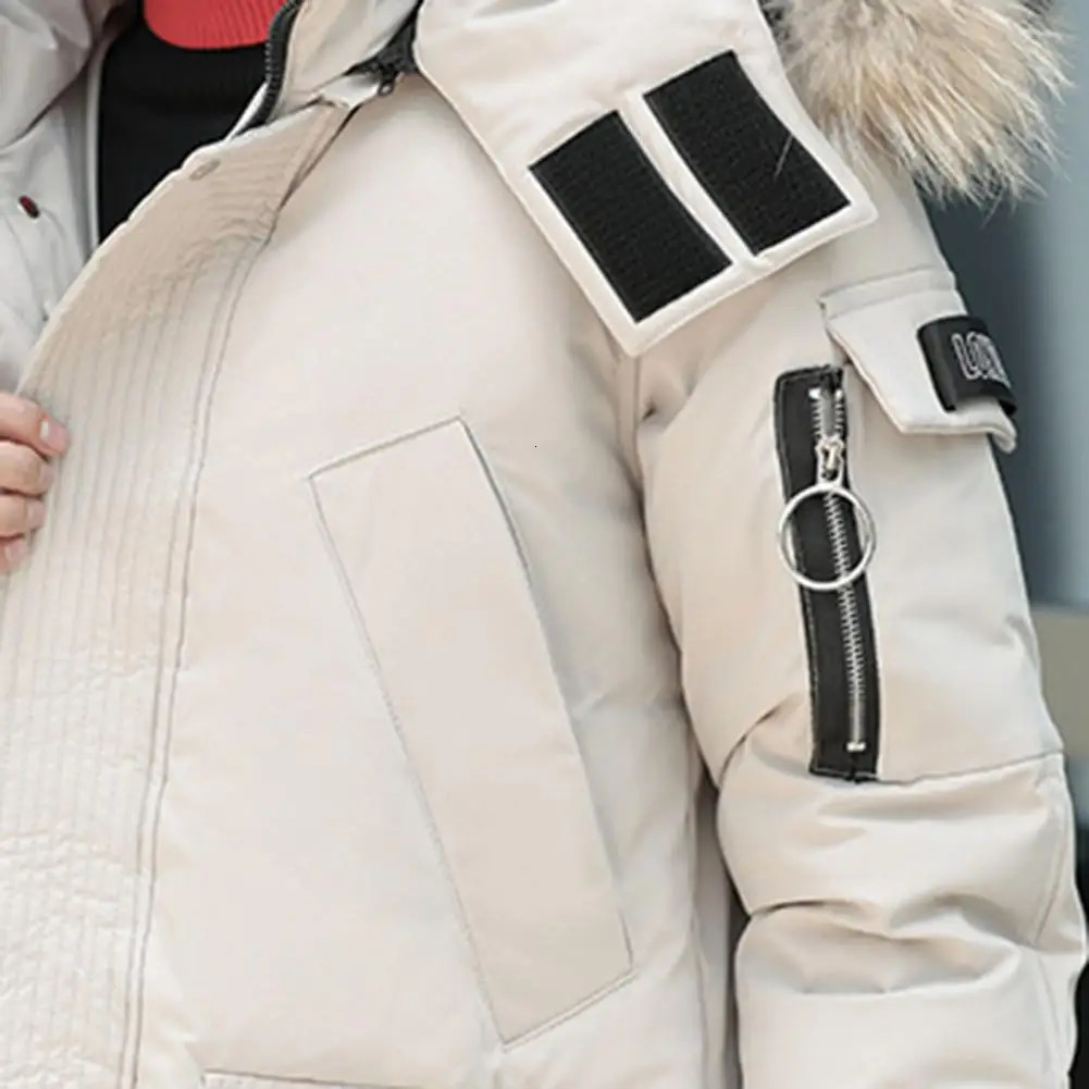 Men Down Jacket Fur Collar Hooded Long Sleeve Solid Color Winter Coat Zipper Placket Pockets Thickened Puffer Outwear 251023