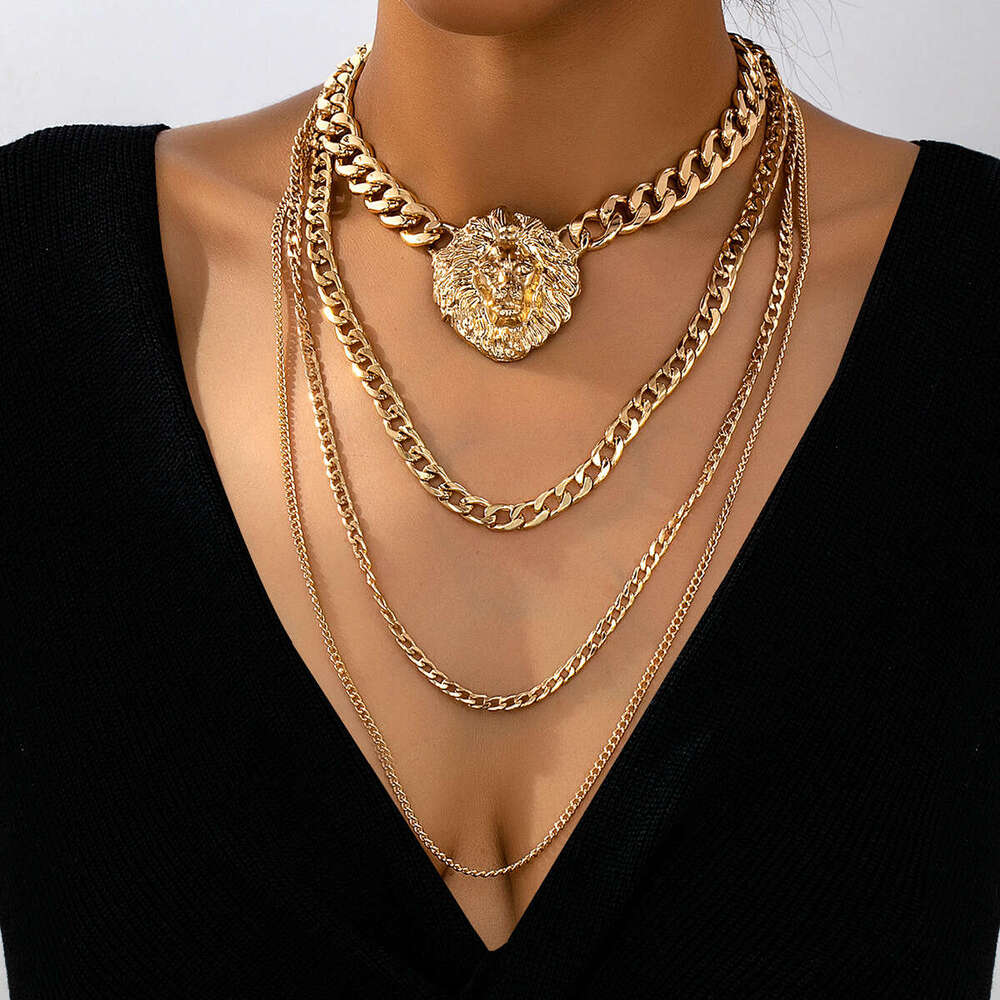 Fashionable Women's Lion Head Hip-Hop Multi-Layer Punk Necklace Suitable for Parties and Music Festivals Without Gift Box