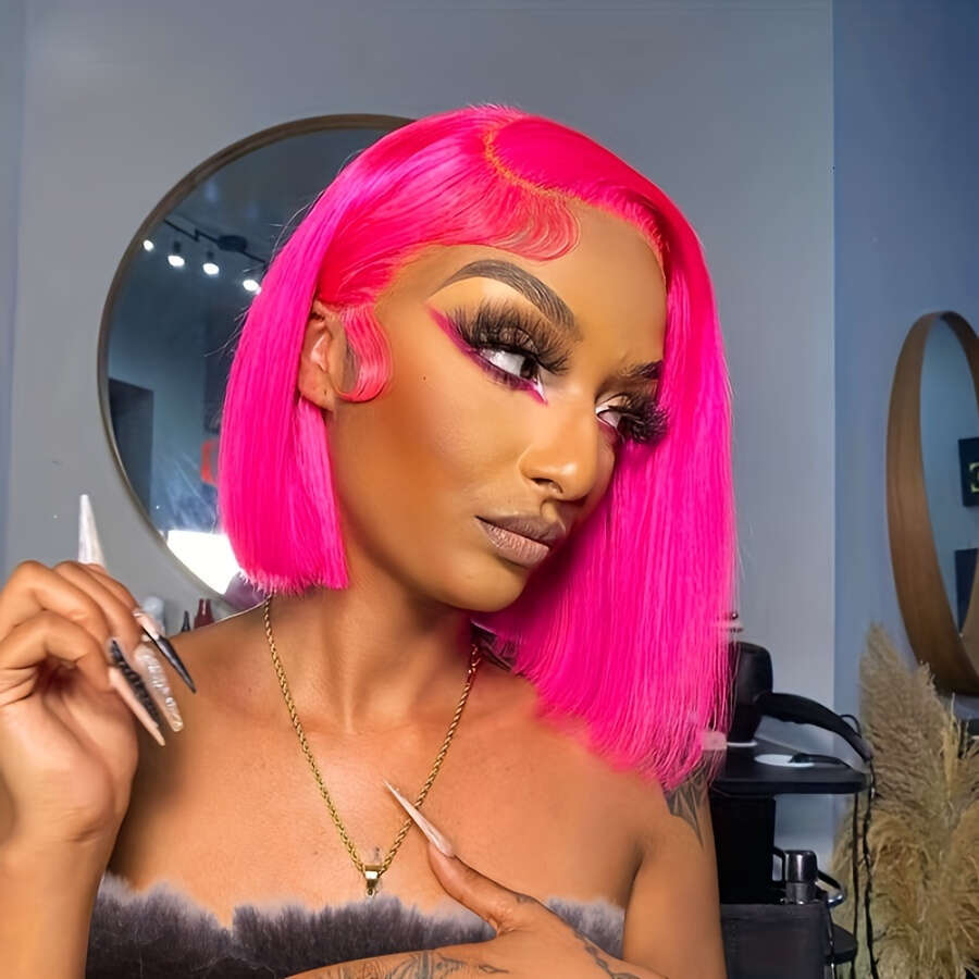 180% Density Pink Straight Bob Lace Front Wig Women - 13X4 Transparent Human Hair Wig, Elegant Shoulder-Length Style, Versatile & Natural Look For Eve