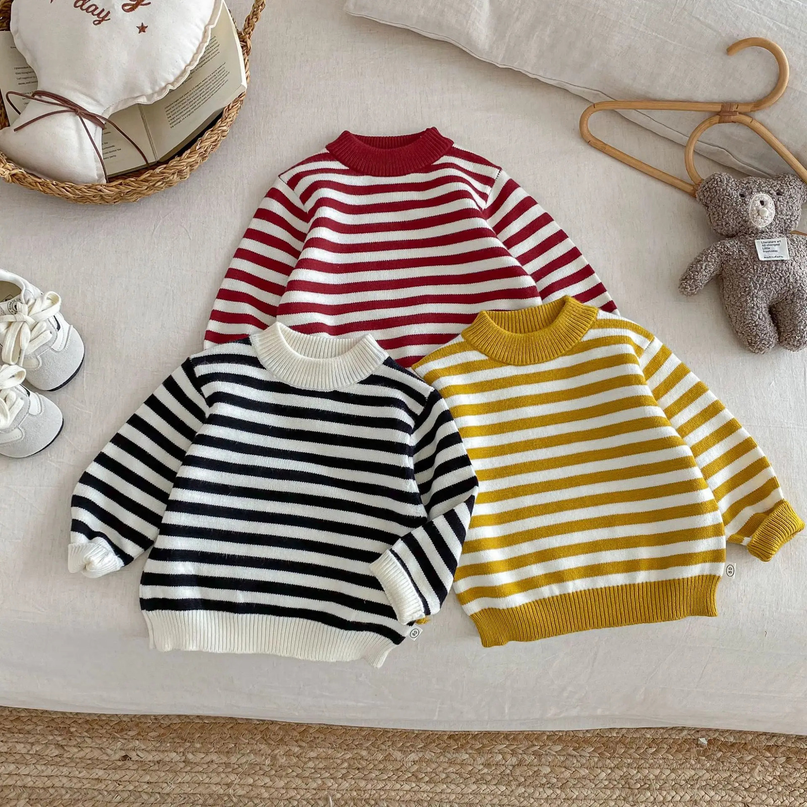 05Y Children Clothes Striped Sweater Korean Thickened Knit Pullover Toddler Inner Wear Winter Warm Jumper for Boys Girls 251027
