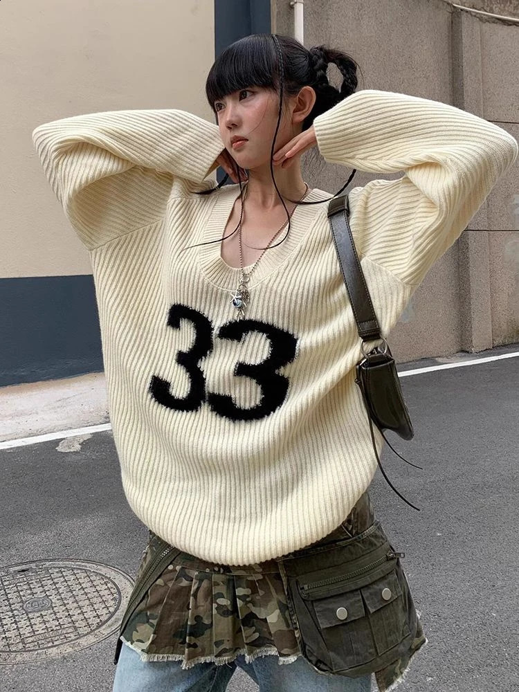 Harajuku Vintage Grunge Letter Jacquard Sweaters Women Y2k Aesthetic Oversized U Neck Jumpers Streetwear Casual Gothic Pullovers 251027