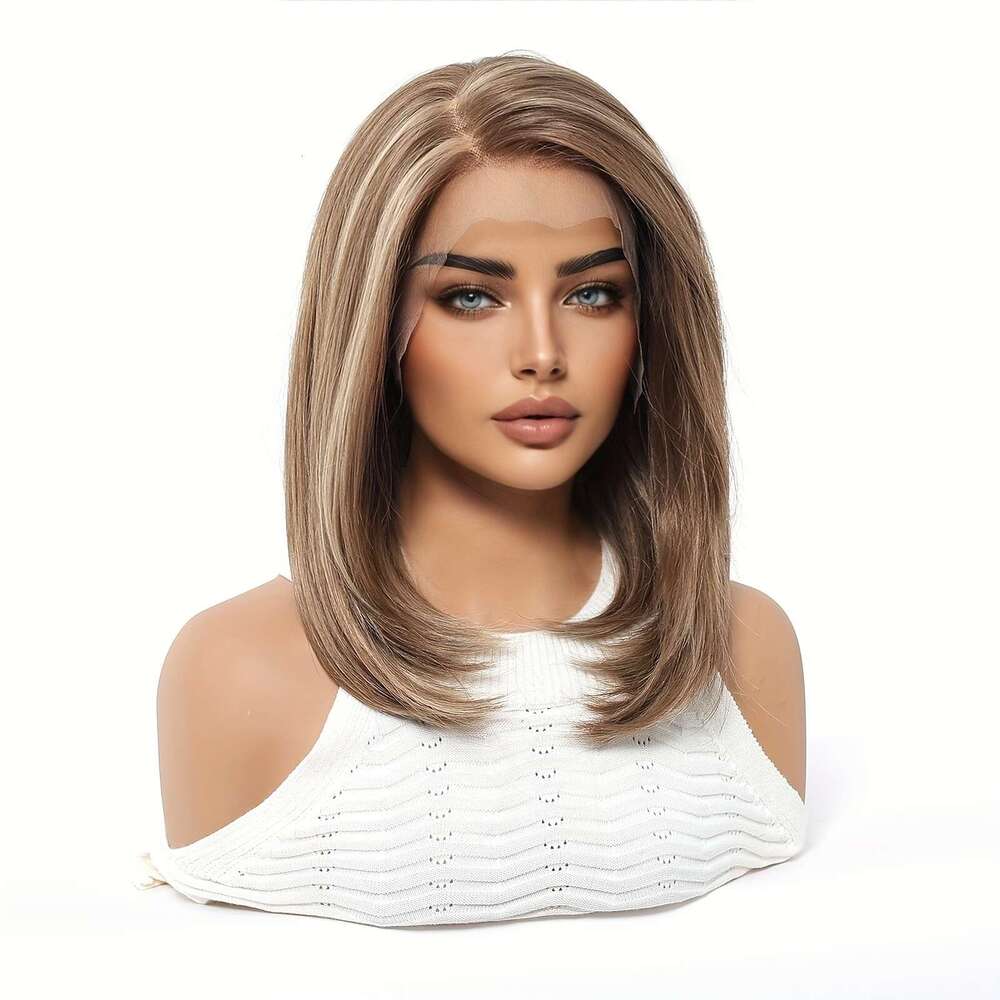 13X6 HD Transparent Front 14Inch Highlight Brown Color Short Bob Synthetic Glueless Lace With Pre Plucked Natrural Hairline Daily Wear Party-Natural L