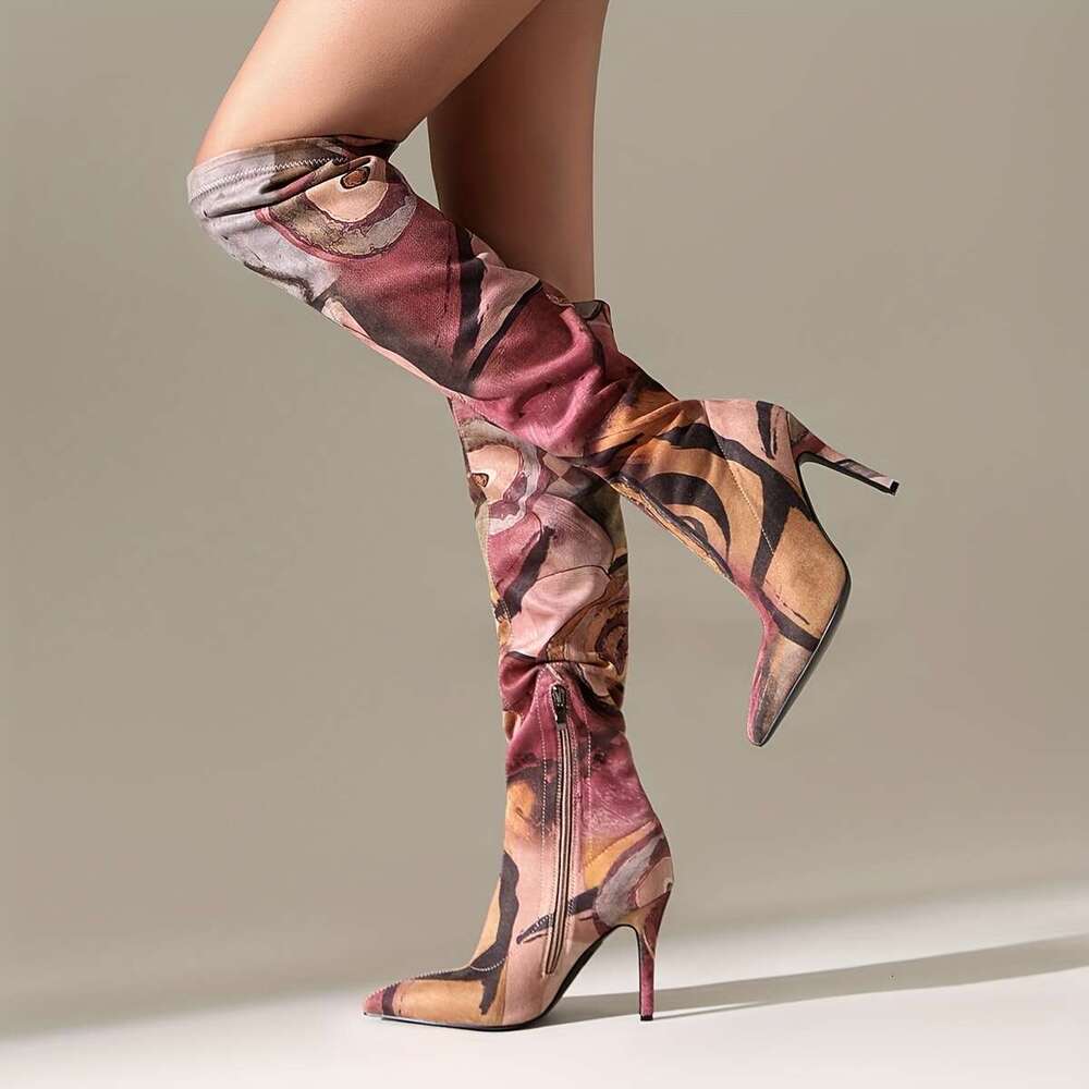 Elegant Over-The-Knee With Artistic Print, Pointed Toe, And Stiletto - Fabric & Faux Cover, Rubber Sole, Zip Closure For Women, High Heel Boots
