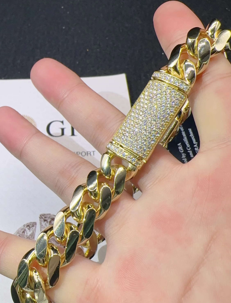 Fashion Sterling Silver 925 VVS Moissanite Lab Diamond Clasp Hip Hop Jewelry 14K Real Gold Plated Cuban Link Chain Bracelet