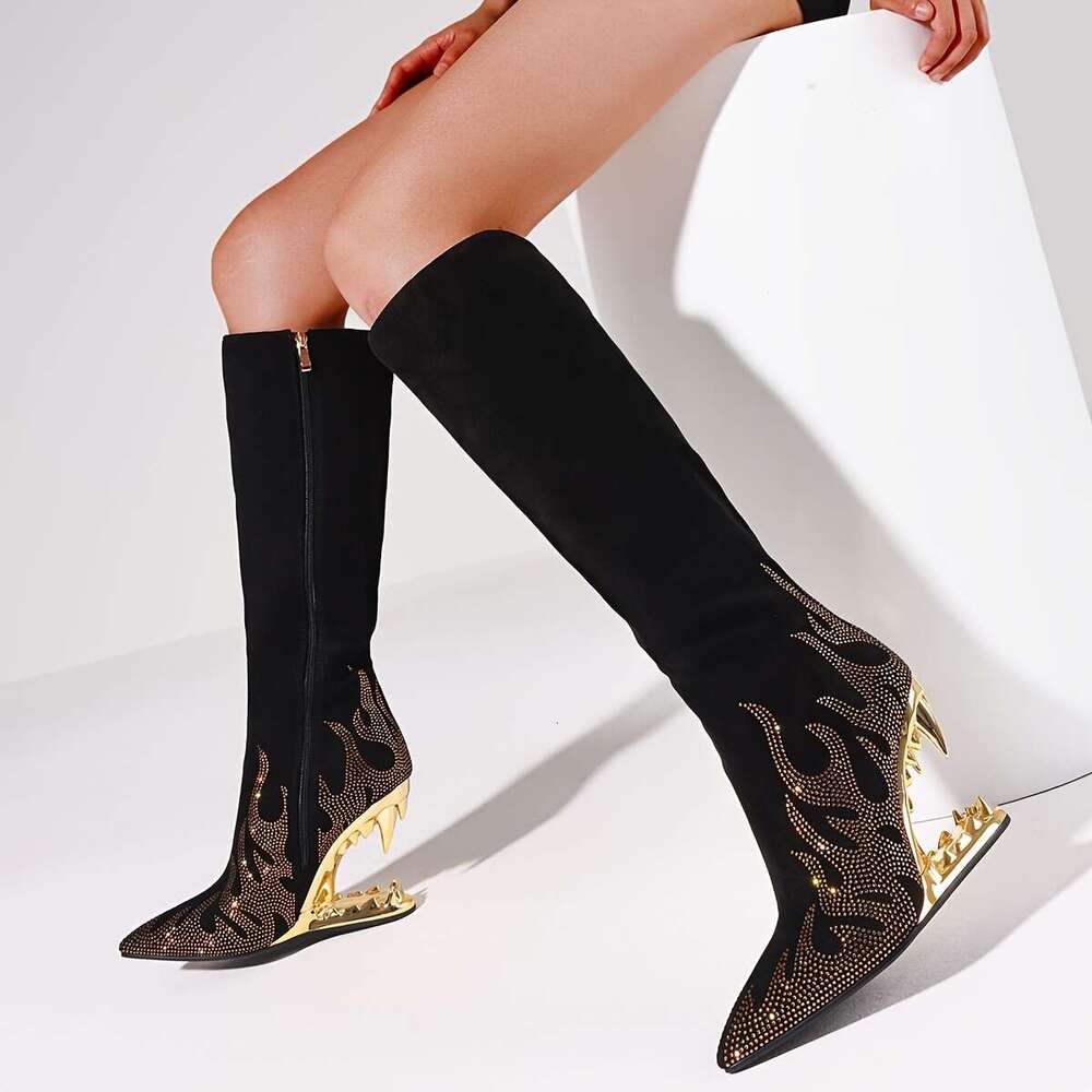Pointed Rhinestone Wolf Teeth Heel Women's Large Long High Barrel Fashion Boots
