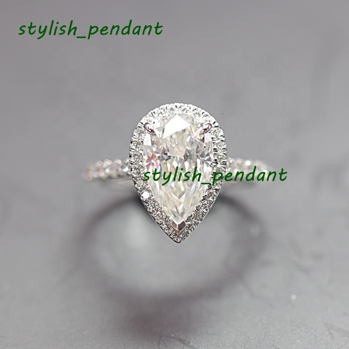 Hot Sales 3ct Pear Moissanite Engagement Ring 7x11mm Pear Cut halo Ring Band Micro Pave Stonek 14K White Gold Rings for Bridal
