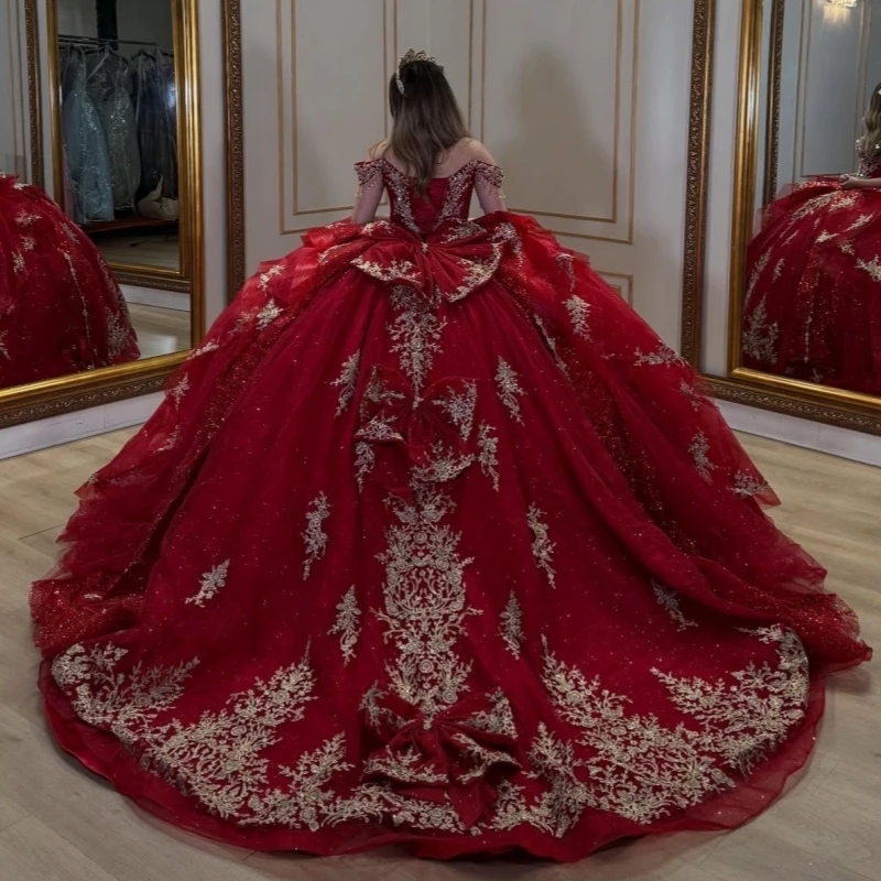Red Shiny Quinceanera Dresses Off The Shoulder Applique Lace Bow Beading Crystal Tull Party Birthday Sweet 16 Dress Vestidos 15 Anos