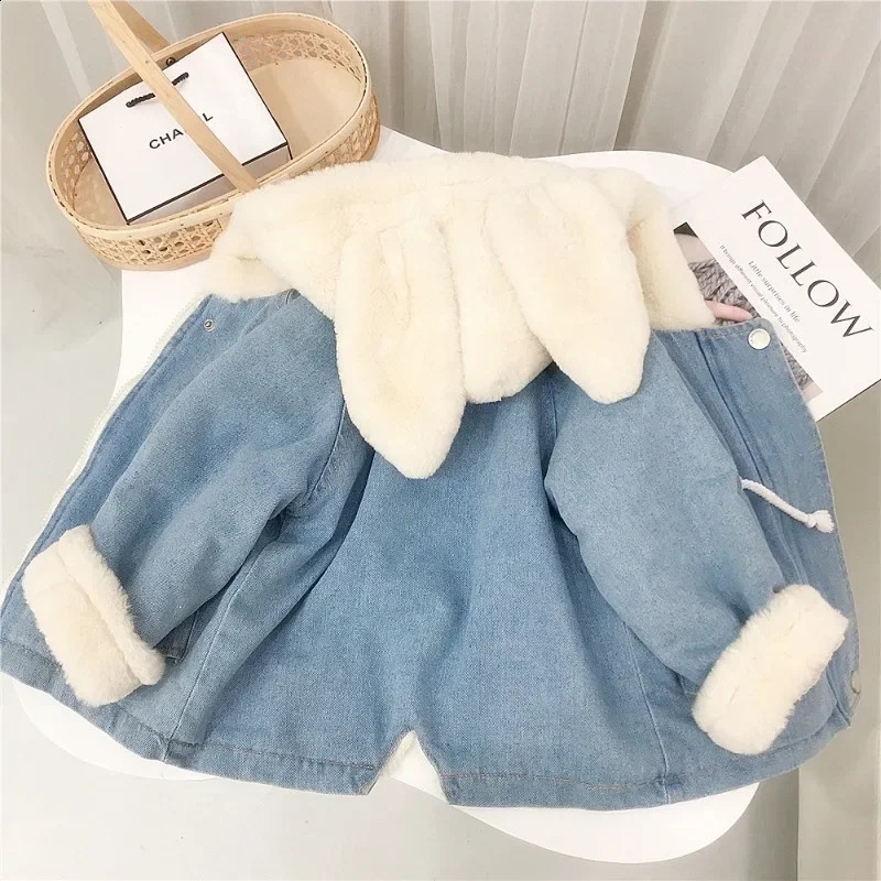 Jacket for Girls Boy Childrens Denim Jackets Warm Fur Cowboy Coat Baby Rabbit Ear Hooded Velvet Outerwear Kids Winter Clothes 251027