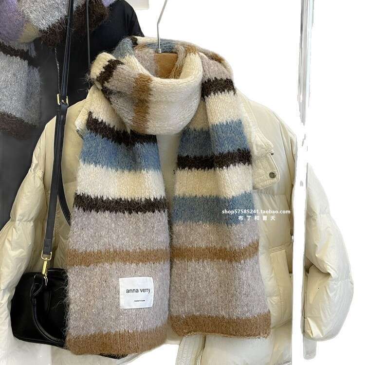 Mohair Scarf Peach Pink Striped Color Block Thickened Warm Autumn Winter Korean New Style Student Unisex