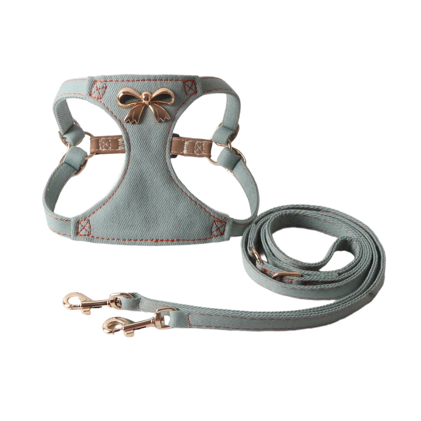 Denim Style Pet Harness Leash Set with Metal Bowknot, Adjustable & Durable,Fashionable Walking Gear, Comfortable Pet Vest Harness with Leash for Small