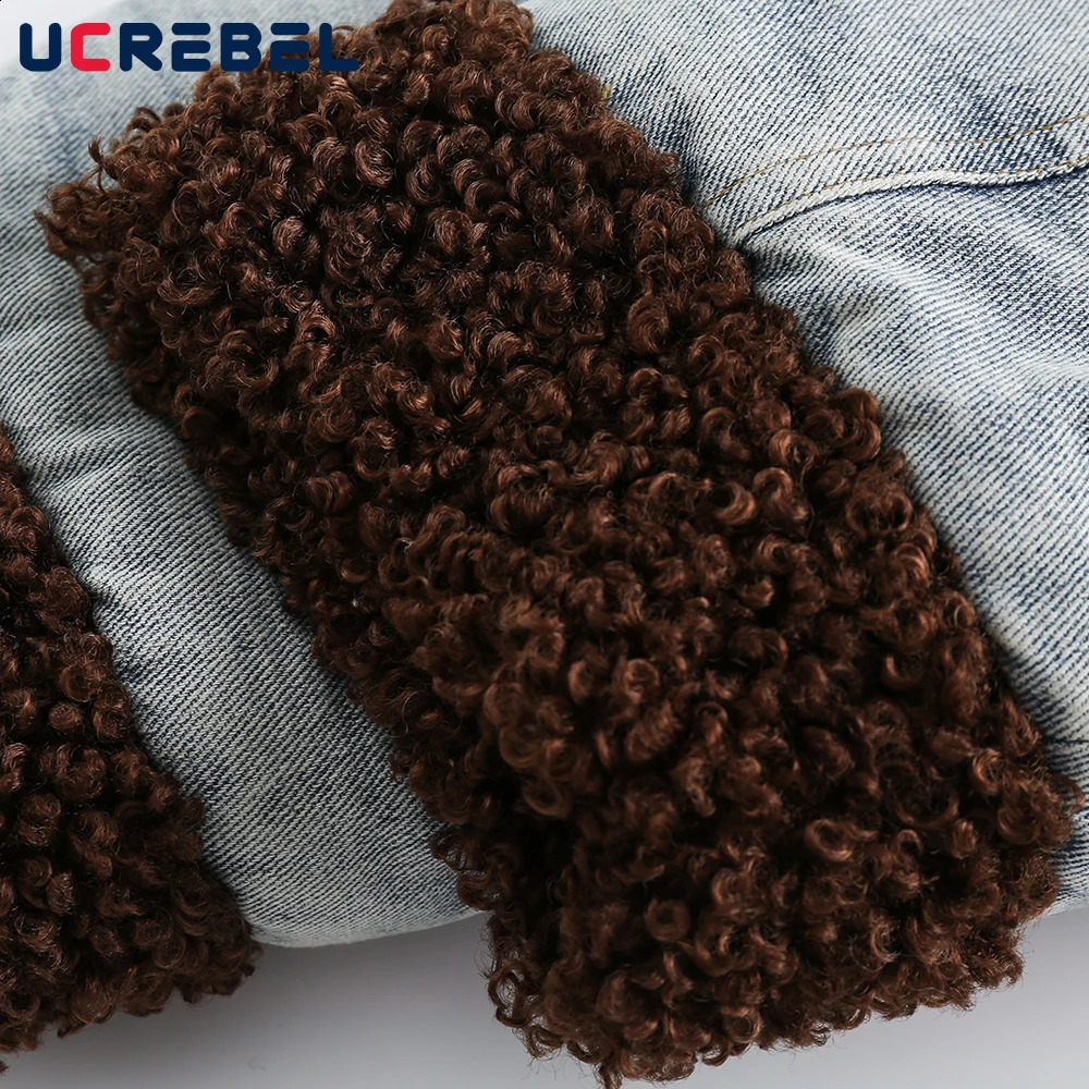 Sherpa Spliced Denim Padded Jacket Mens Pocket Winter High Street Washed Distressed Lapel Long Sleeve Thick Outerwear Man 251017