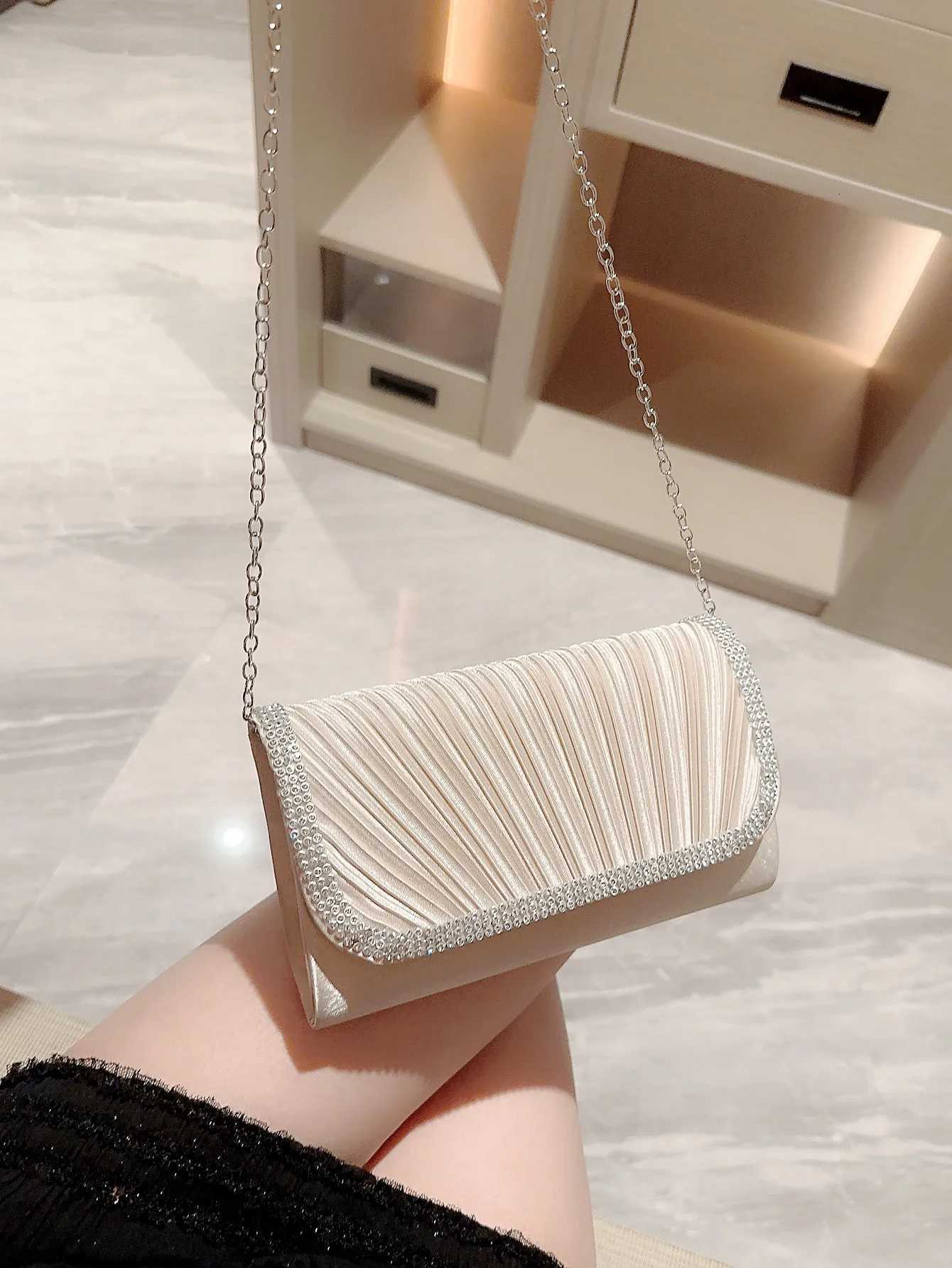 Womens Pleated Satin Flap Evening Bag Sparkling Rhinestone Embellished Clutch Dress Bag Party Bag Prom Bag Wedding Bag Evening H251027