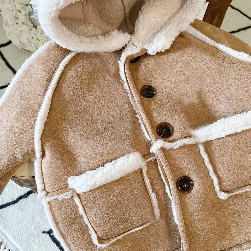 2025 Winter Baby Boys Jacket Lamb Wool Lining Plus Velvet Thick Warm Hooded Coat For 26 Years Kids Fashion Outerwear 251027