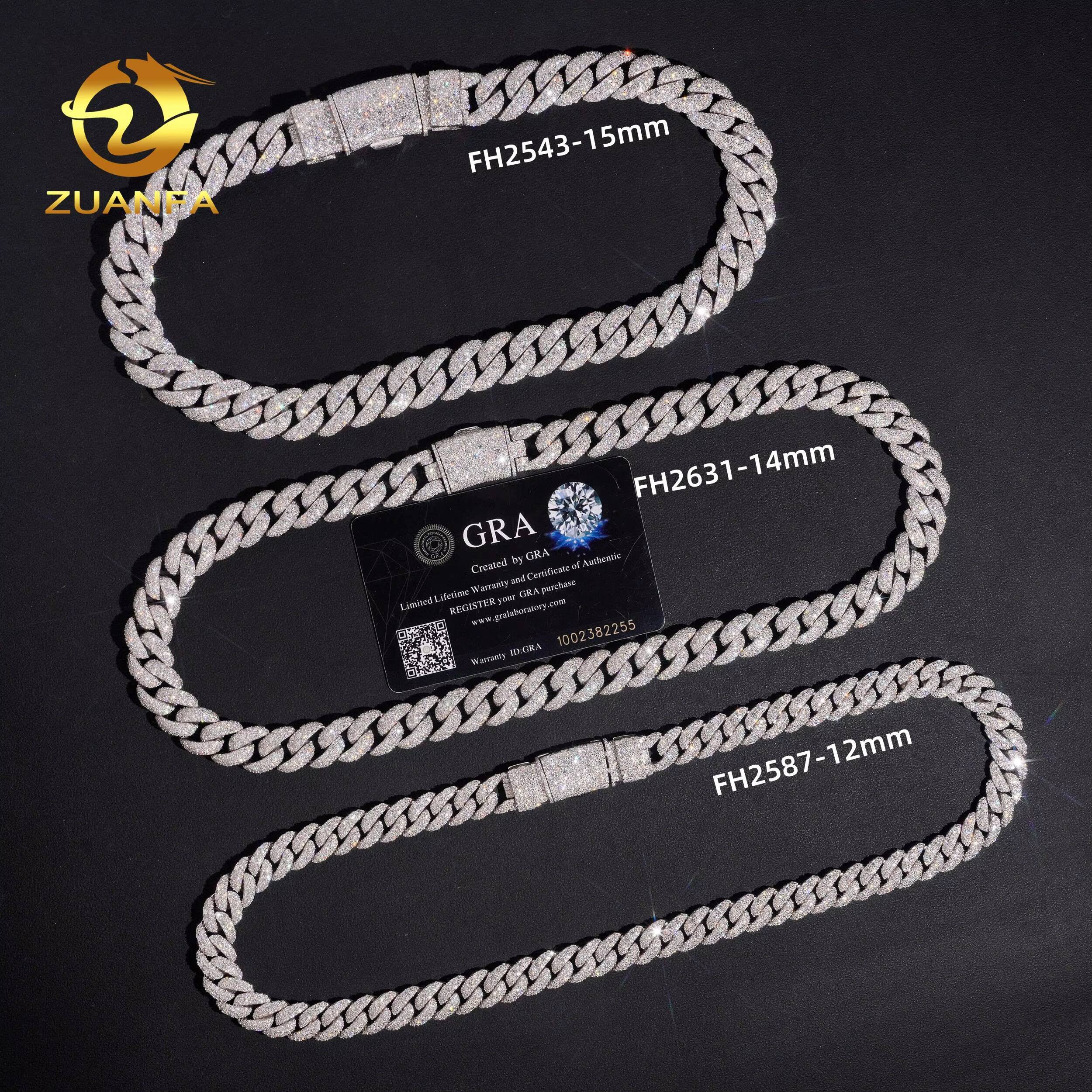 Hip Hop Jewelry 12mm 14mm 15mm Moissanite Cuban Link Chain 925 Silver Iced Out Mosaic Cuban Link With GRA Certificate