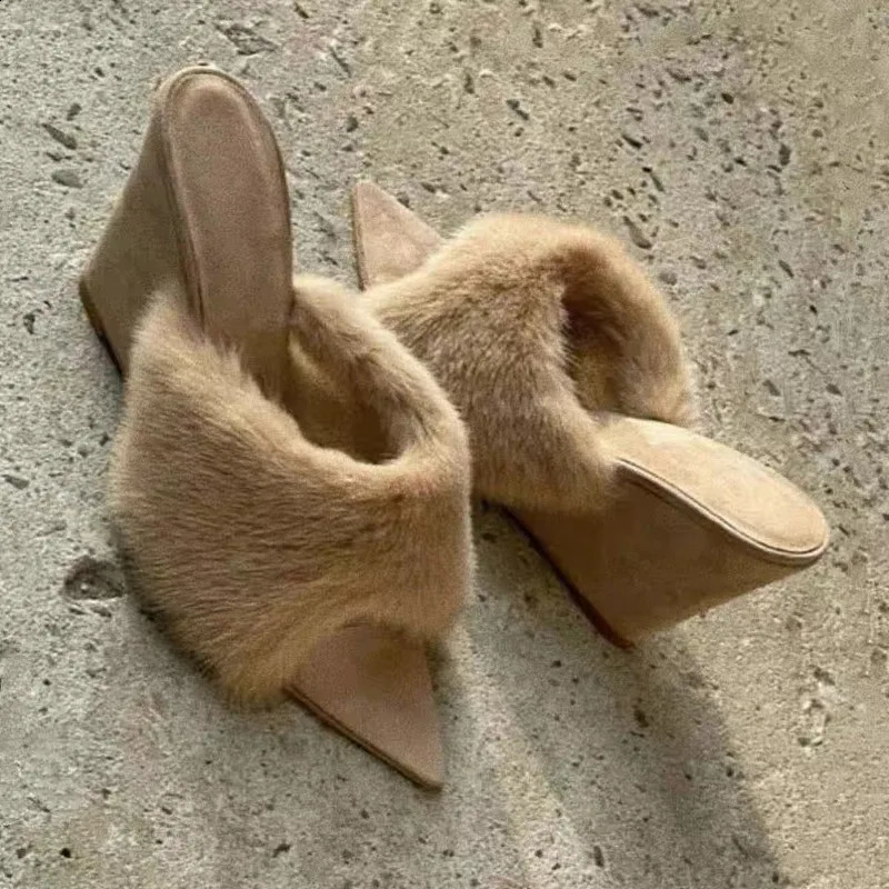 Wedge Slippers Fall Pointed Toe Peep Toe Plush NonSlip WearResistant High Heel FlipFlops 251023