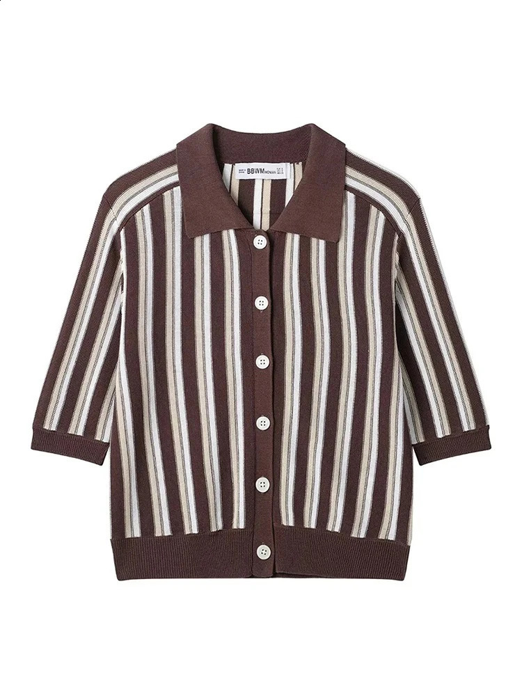 Womens Fashion Simple Slouchy Crash Color Stripe Short Sleeve Single Breasted Knit Polo Top Casual Everyday Versatile Top 251027