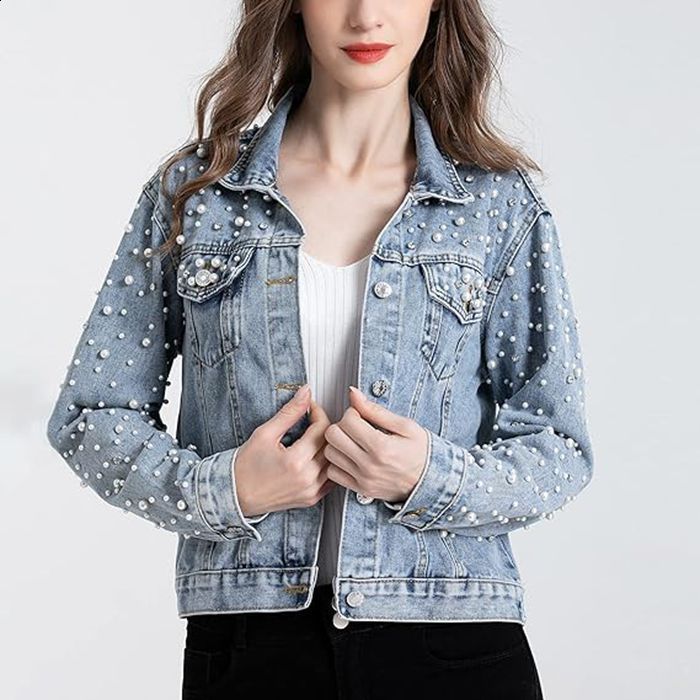 EWQ Streetwear Patchwork Rivet Denim Jacket Women Fashion Lapel Long Sleeve Loose Coats Female Outerwear Autumn Trend 240824