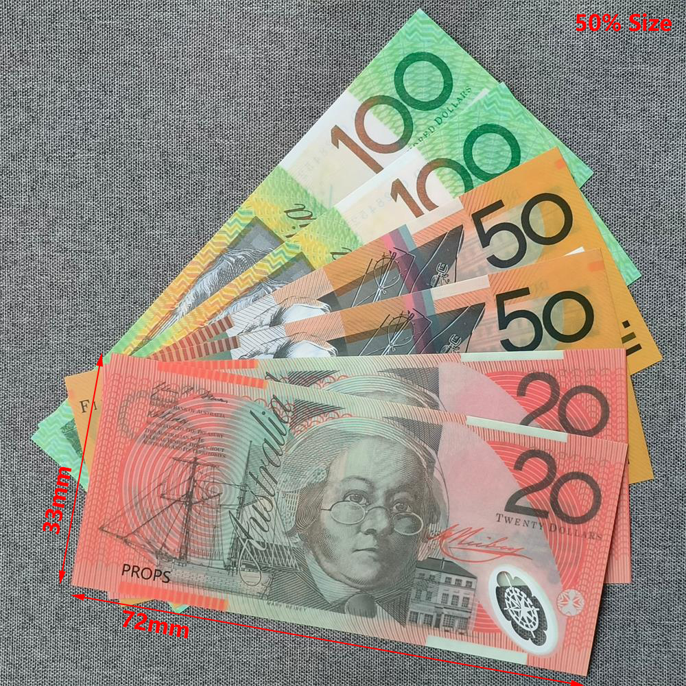 5A 0.08mm Ultrathin Polyester Aud Australia Prop Money Australian Upgrade ultra Thin Plastic Fake Money Notes 1000000 Bulk 75*32mm 50% Size
