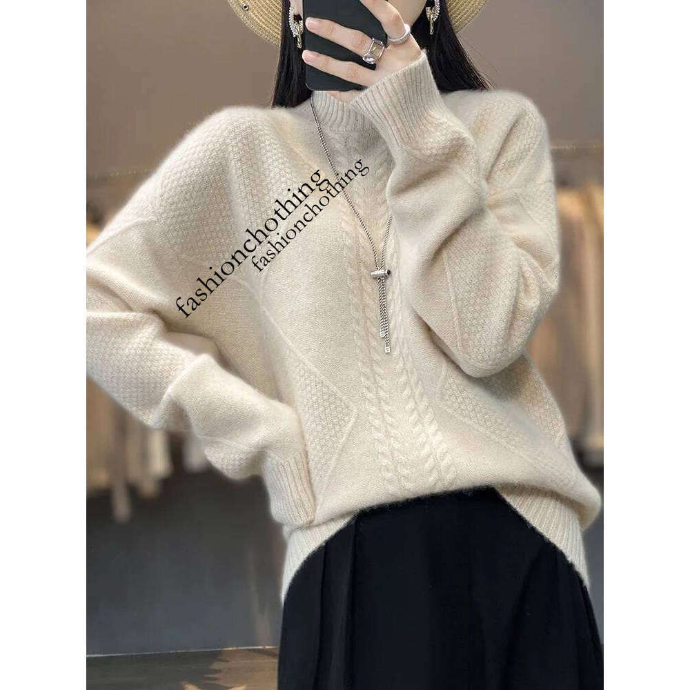 Women Mock Neck Pullovers Cashmere Sweater Autumn Winter Thick Warm Twist Casual 100% Merino Wool Knitwear Korean Fashion Tops