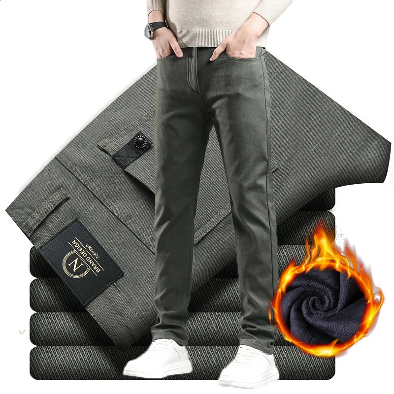 Winter Fleece Pants Mens Thick Slim Elastic Business Casual Velvet Warm Fashion Solid Color Plush Trousers Male 251027