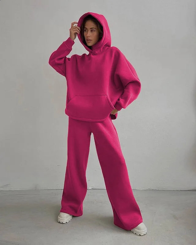 Fall Winter TwoPiece Sportswear Outfit Women Loose Running Sets Solid Color Long Sleeve HoodiesBaggy StraightLeg Trousers 251027