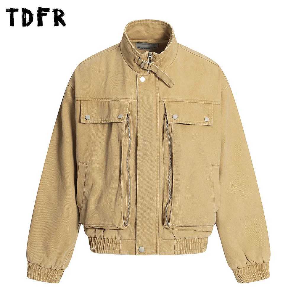 Pocket Cargo Jacket Mens Zipper Decoration Autumn Retro Casual Stand Collar Long Sleeve Spliced Outerwear Man J251028