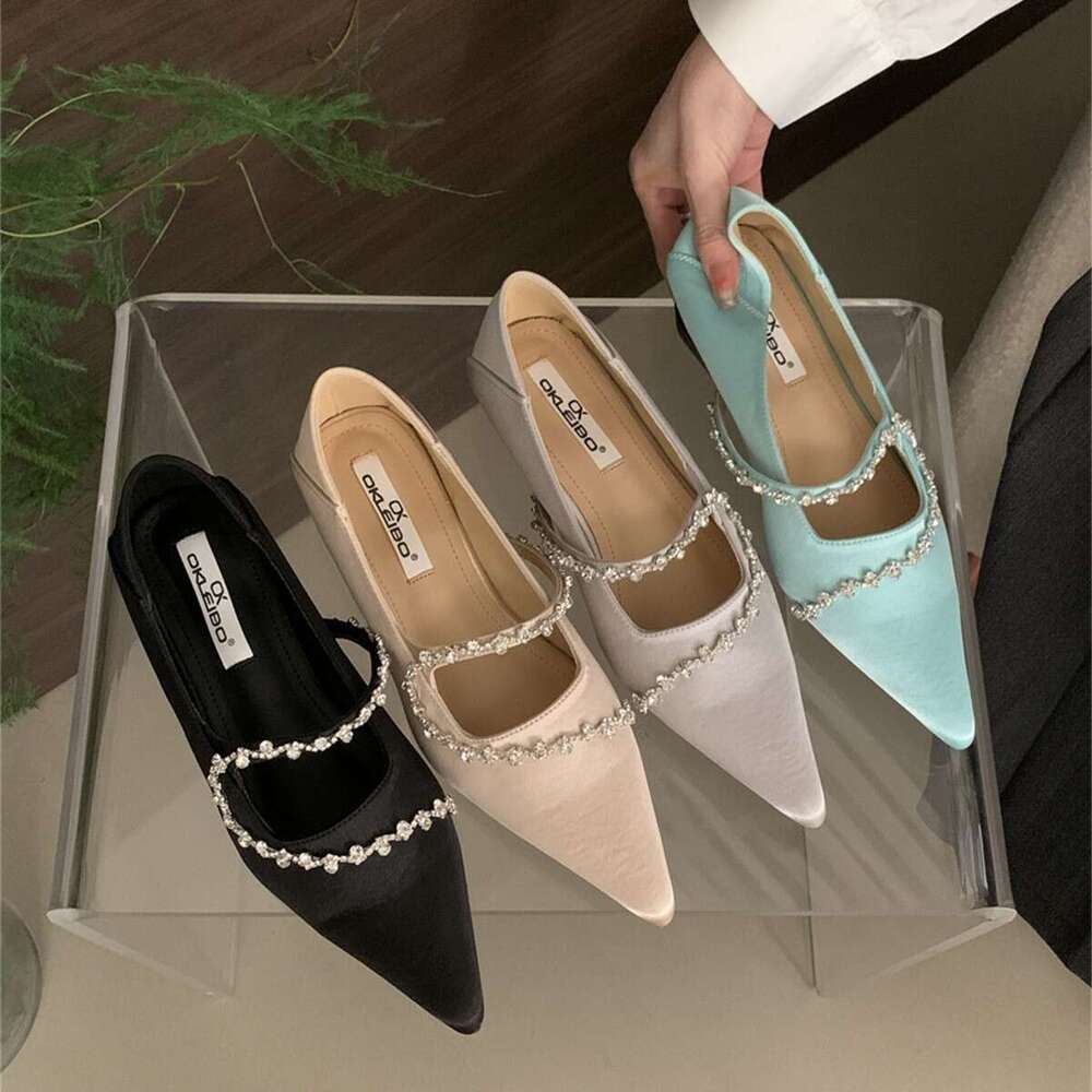 2025 Autumn Luxury Designer Women's Shoes Curved Rhinestone Elegant Style, Pointed Toe Full Coverage, Square Heel & Soft Sole