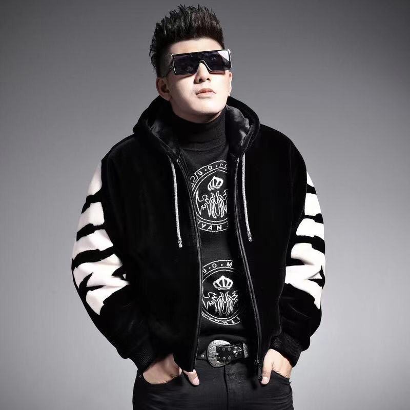 Men's Jackets Winter Fashion Trend Printed And Plush Thick Warmth Black With Fleece Luxurious Design Hooded Jacket For Casual Loose Sports Windpr