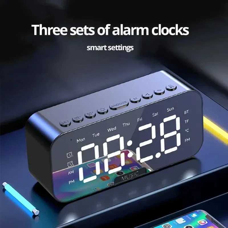 1pc LED Digital Alarm Clock with Bluetooth Speaker Mirror Bedroom Office Decor Table Screen Temperature FM Radio D251028
